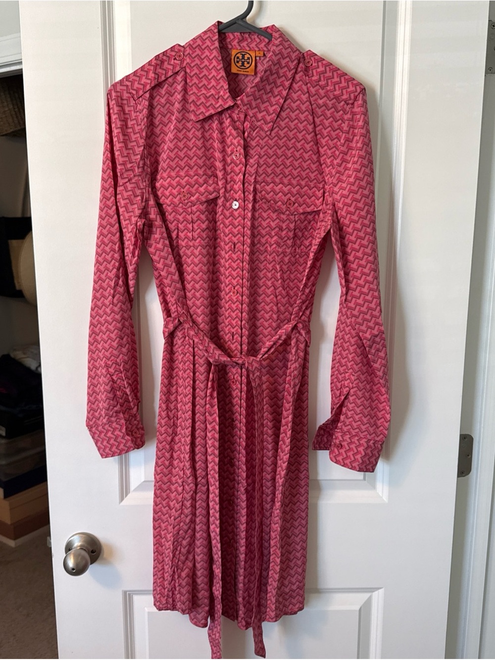 Tory Burch Shirt Dress Womens 10 Pink Geometric T Logo Belted Roll Tab Sleeves